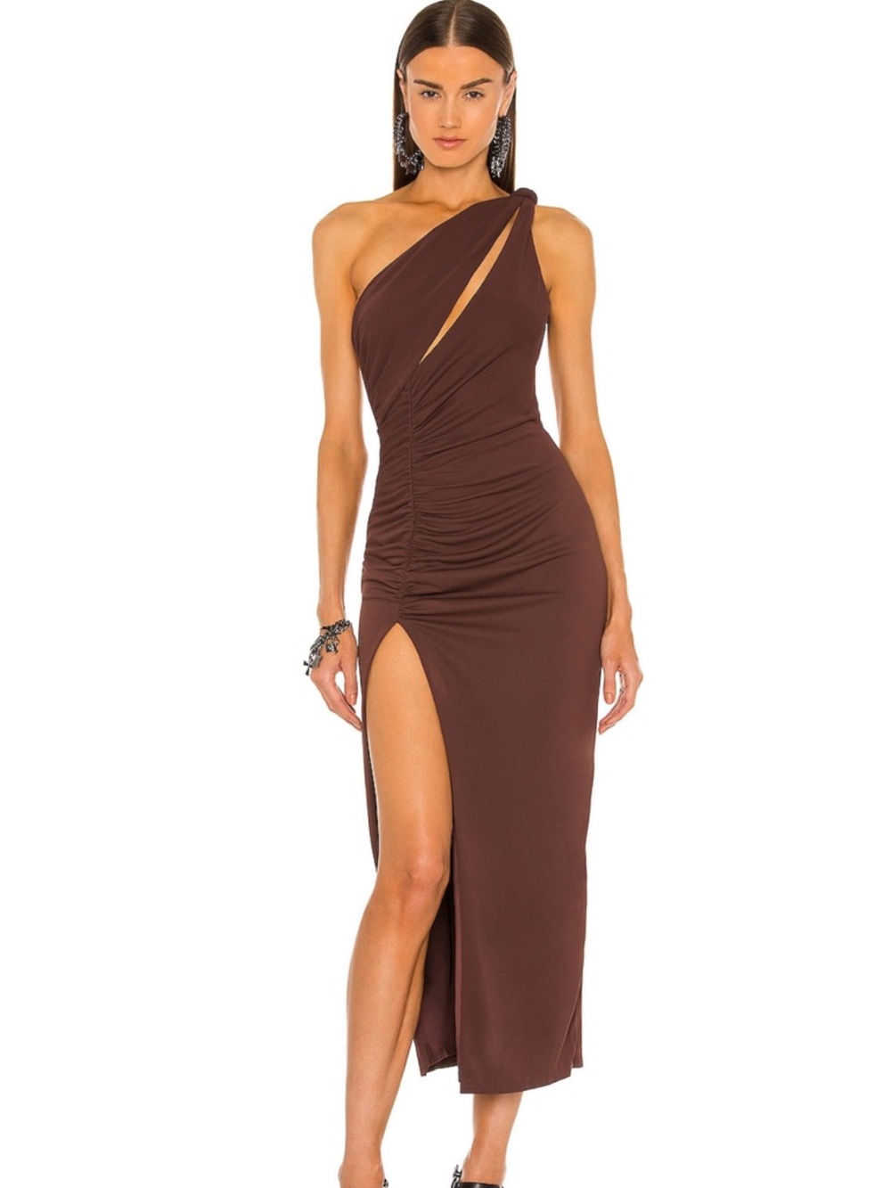 Dundas x Revolve Kate Midi Dress One-Shoulder Brown Ruched Dress with Thigh Slit